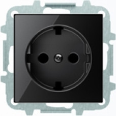 Розетка электрическая SCHUKO со шторками, 2К+З, с плоской поверхностью, 16А/250В, с накладкой ABB SKY (чёрное стекло)