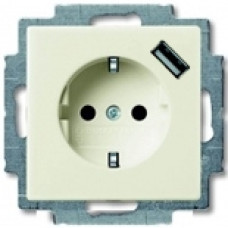Розетка электрическая + зарядка USB, безвинтовые клеммы, защитные шторки (шале-белая)