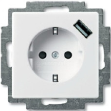 Розетка электрическая + зарядка USB, безвинтовые клеммы, защитные шторки (альпийская белая)